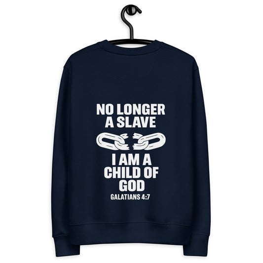 Draag je identiteit met de Evertrue Sweater – Niet langer een slaaf maar een Kind van God (Galaten 4:7). Gemaakt van 100% biologisch katoen. Duurzaam, comfortabel en vol betekenis.