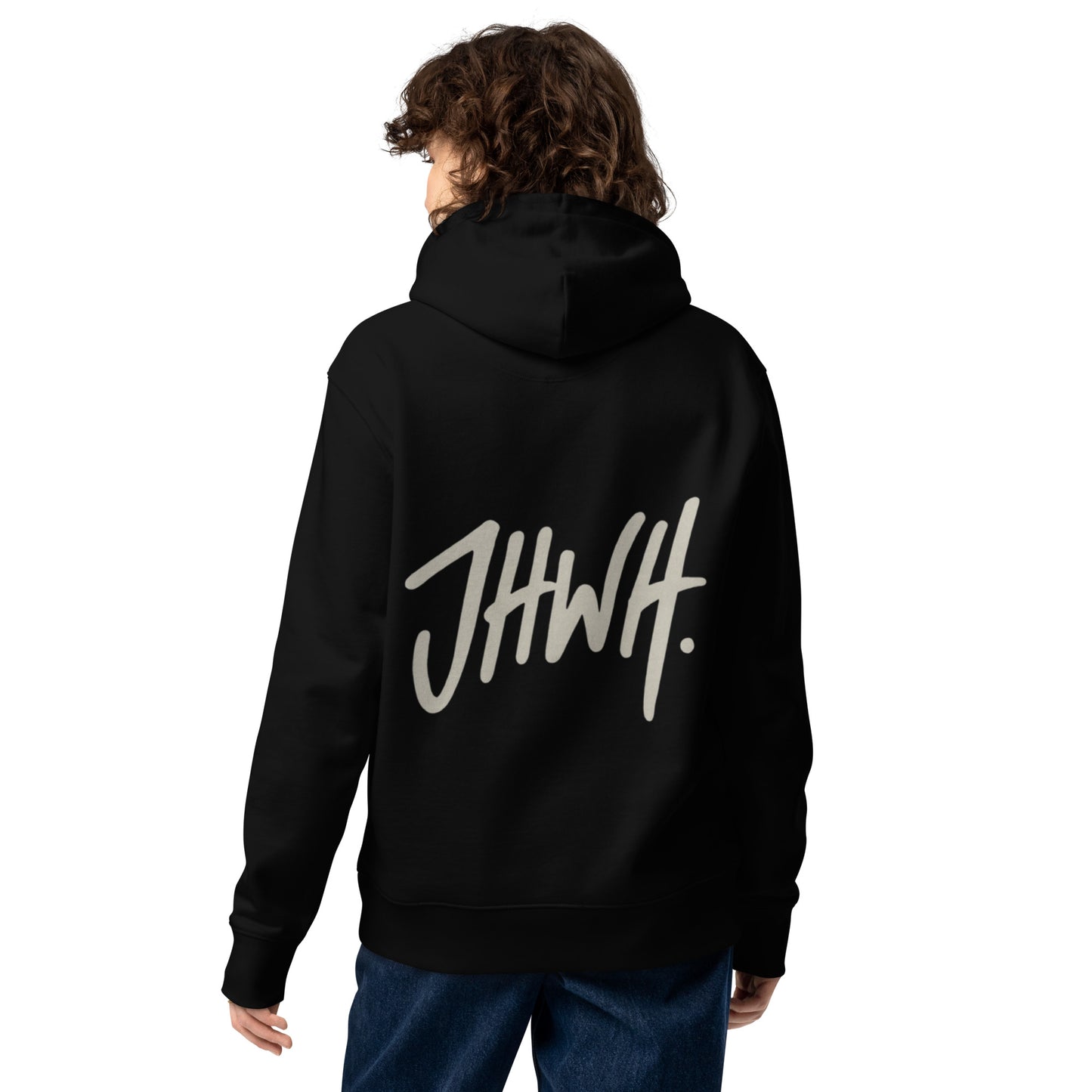 Handgeschreven ontwerp van het woord JHWH. in lichtgrijze kleur op zwarte achtergrond – gebruikt op een Evertrue hoodie als kruisvormig geloofssymbool.