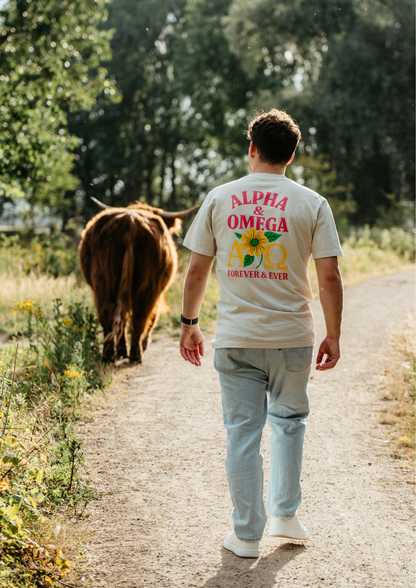 TRØBL oversized T-shirt van zwaar katoen met Alpha & Omega-ontwerp – krachtige en minimalistische streetwear met boxy fit en vintage uitstraling.