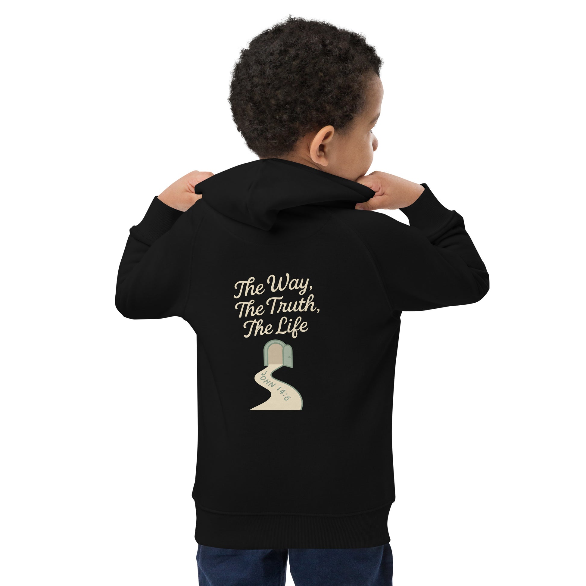 Illustratie van een open deur met een pad waarop staat “John 14:6” en erboven de woorden “The Way, The Truth, The Life” – Evertrue christelijke hoodie voor kinderen.