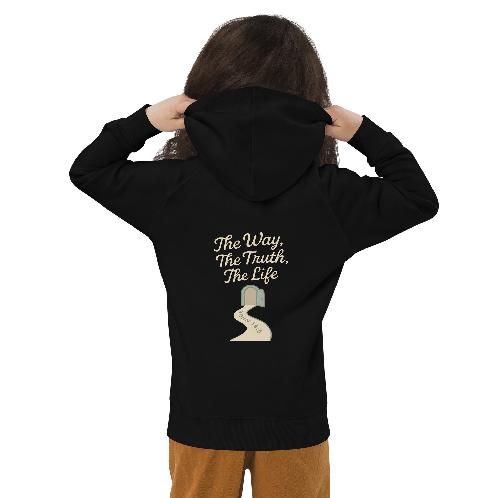 Illustratie van een open deur met een pad waarop staat “John 14:6” en erboven de woorden “The Way, The Truth, The Life” – Evertrue christelijke hoodie voor kinderen.