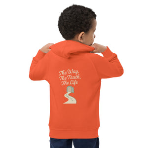Illustratie van een open deur met een pad waarop staat “John 14:6” en erboven de woorden “The Way, The Truth, The Life” – Evertrue christelijke hoodie voor kinderen.