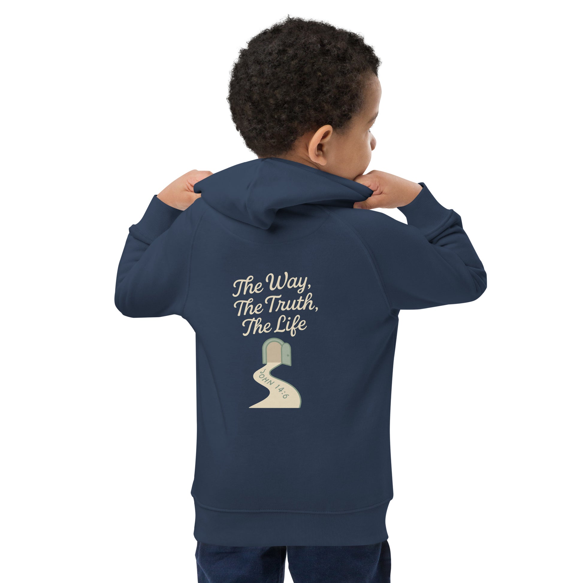 Illustratie van een open deur met een pad waarop staat “John 14:6” en erboven de woorden “The Way, The Truth, The Life” – Evertrue christelijke hoodie voor kinderen.
