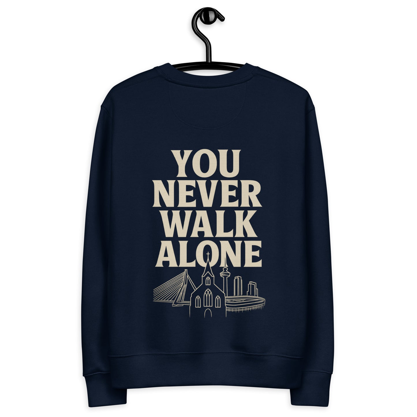 Draag je geloof met de Evertrue Sweater – You Never Walk Alone (Matteüs 28:20). Duurzaam gemaakt van biologisch katoen en gerecycled polyester. Comfortabel, stijlvol en vol betekenis