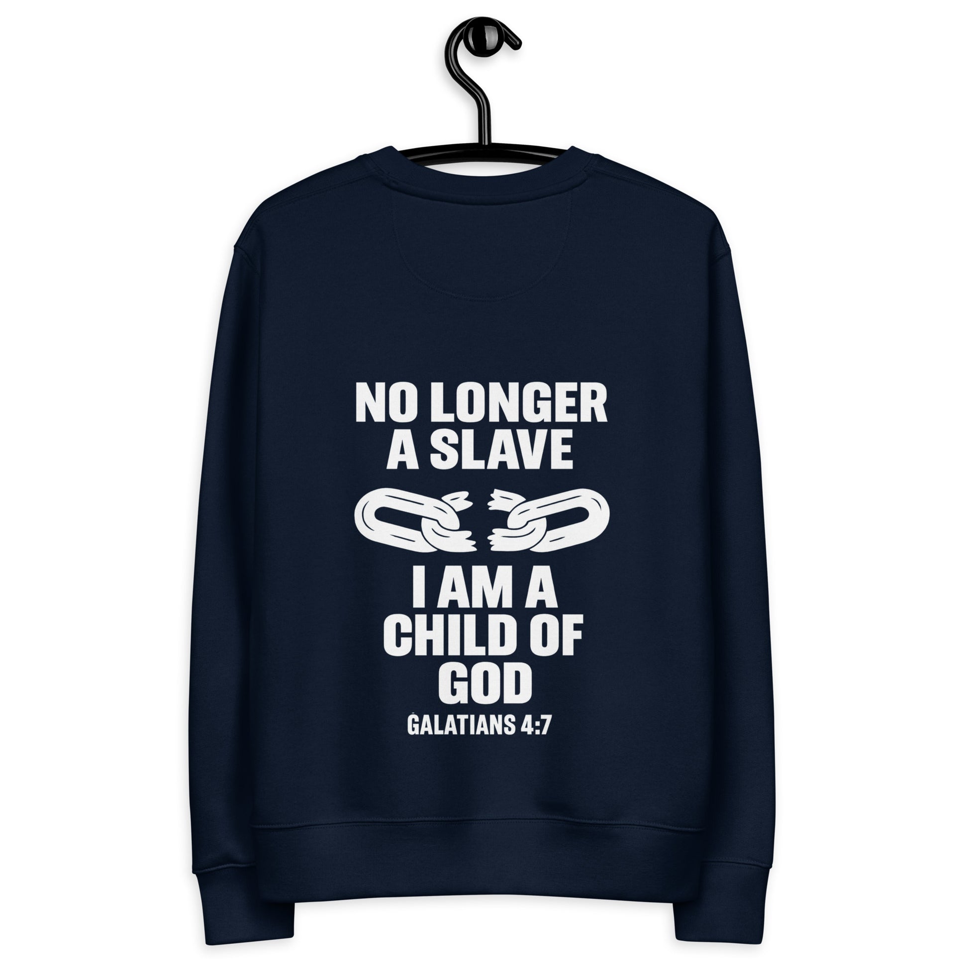 Draag je identiteit met de Evertrue Sweater – Niet langer een slaaf maar een Kind van God (Galaten 4:7). Gemaakt van 100% biologisch katoen. Duurzaam, comfortabel en vol betekenis.