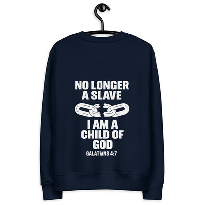 Draag je identiteit met de Evertrue Sweater – Niet langer een slaaf maar een Kind van God (Galaten 4:7). Gemaakt van 100% biologisch katoen. Duurzaam, comfortabel en vol betekenis.
