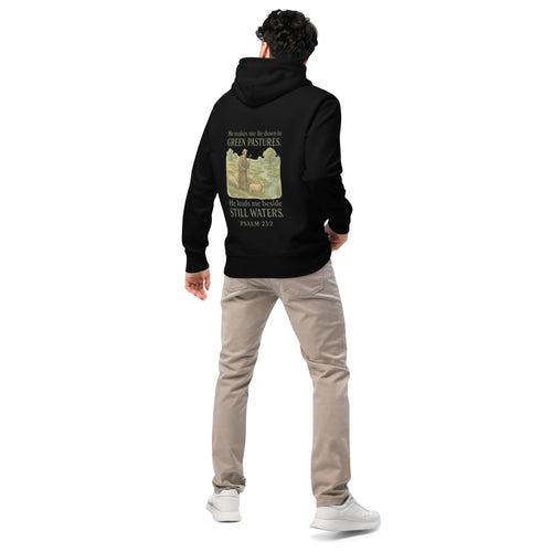 Evertrue hoodie “He Leads Me” – Biologische unisex trui geïnspireerd op Psalm 23:2 met rustige boodschap en duurzame kwaliteit. Christelijke streetwear voor volwassenen.