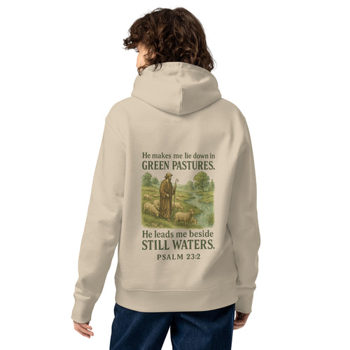 Evertrue hoodie “He Leads Me” – Biologische unisex trui geïnspireerd op Psalm 23:2 met rustige boodschap en duurzame kwaliteit. Christelijke streetwear voor volwassenen.
