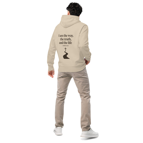 Evertrue hoodie met bijbeltekst Johannes 14:6 – “Ik ben de weg, de waarheid en het leven” op de rug gedrukt, biologisch katoen, unisex model