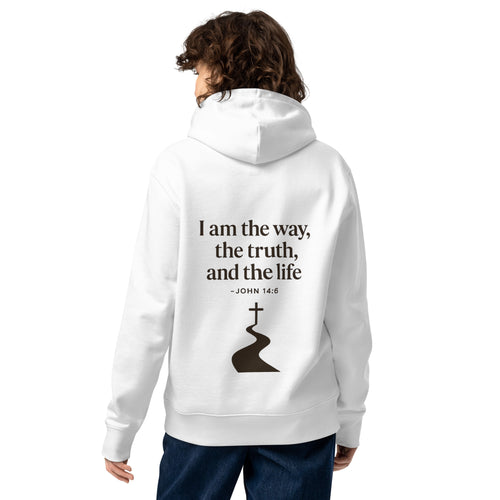 Evertrue hoodie met bijbeltekst Johannes 14:6 – “Ik ben de weg, de waarheid en het leven” op de rug gedrukt, biologisch katoen, unisex model