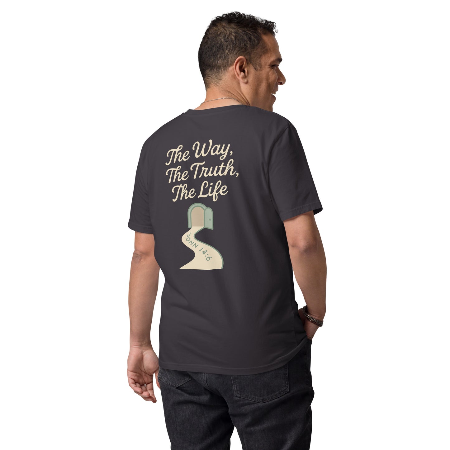 Evertrue T-shirt van biologisch katoen met bijbeltekst Johannes 14:6 in minimalistisch ontwerp – geschikt voor volwassenen die hun geloof willen uitdragen.