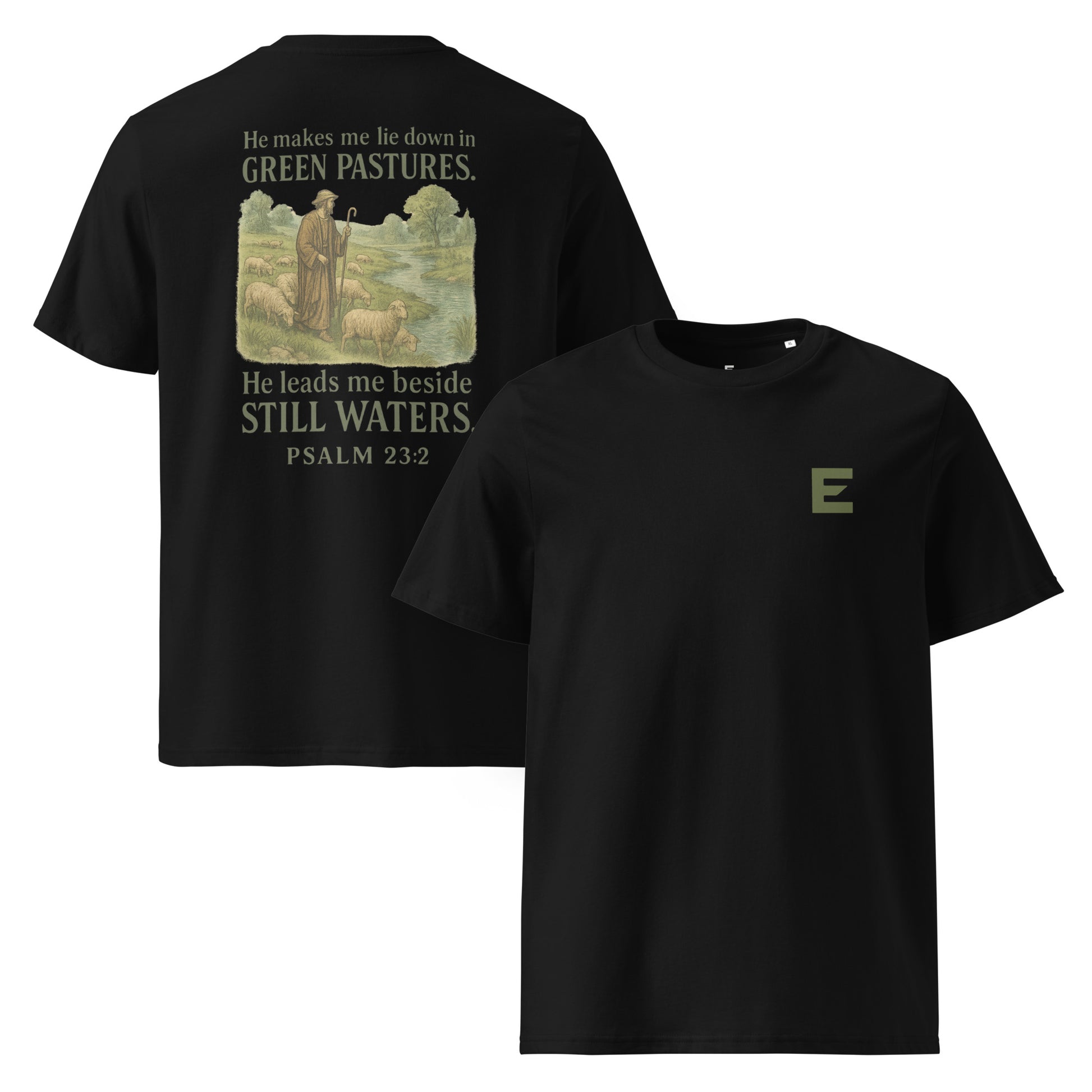 Evertrue T-shirt met de tekst “He Leads Me” – Geïnspireerd op Psalm 23:2, in rustige kleuren gedrukt op biologisch katoen. Christelijke mode voor volwassenen.