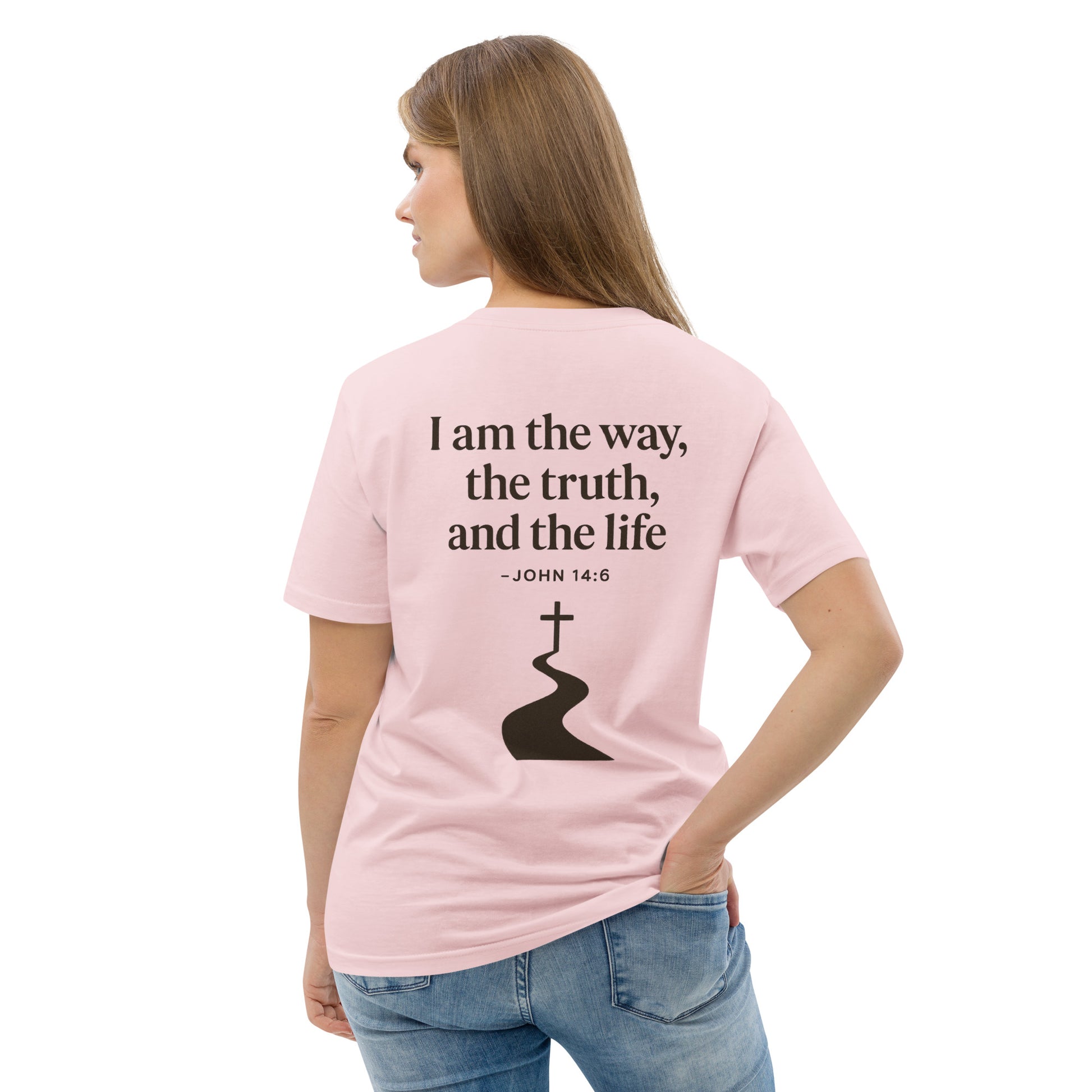 Evertrue T-shirt met bijbeltekst Johannes 14:6: “Ik ben de weg, de waarheid en het leven”, gedrukt op biologisch katoen.