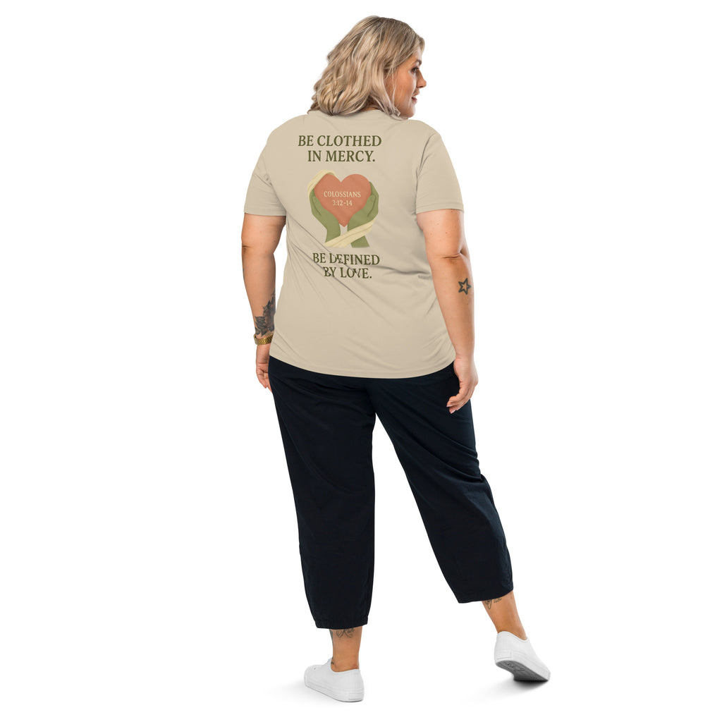 Evertrue T-shirt met Kolossenzen 3:12–14 “Bekleed je met liefde”, gedrukt op biologisch katoen met herenpasvorm.