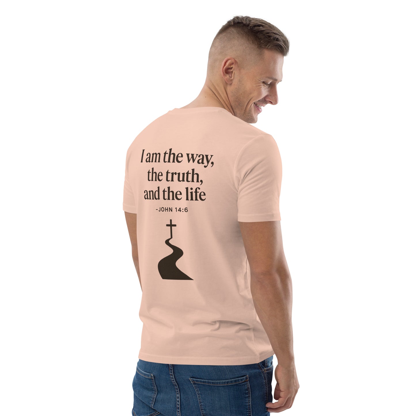 Evertrue T-shirt met bijbeltekst Johannes 14:6: “Ik ben de weg, de waarheid en het leven”, gedrukt op biologisch katoen.