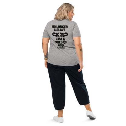 Evertrue T-shirt met de bijbeltekst Galaten 4:7: “Je bent geen slaaf meer, maar een kind van God”, gedrukt op biologisch katoen.