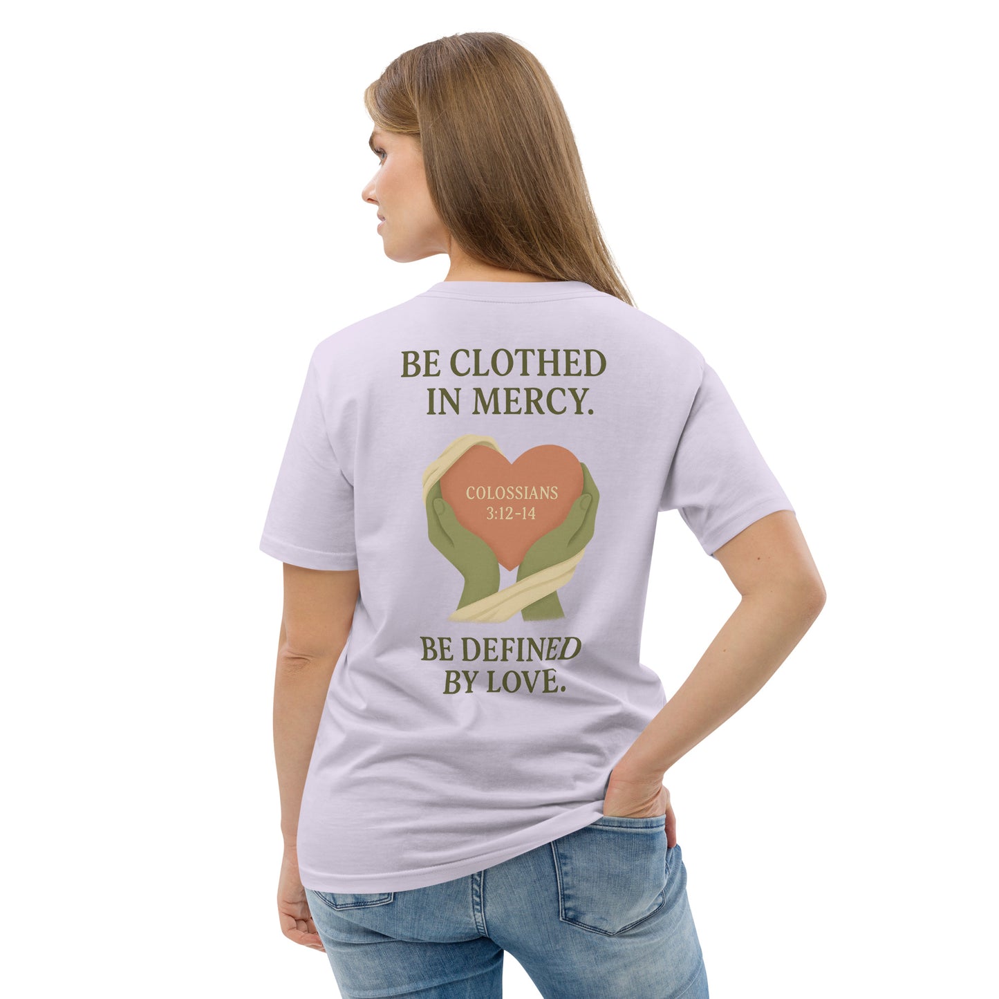 Evertrue T-shirt met Kolossenzen 3:12–14 “Bekleed je met liefde”, gedrukt op biologisch katoen met herenpasvorm.