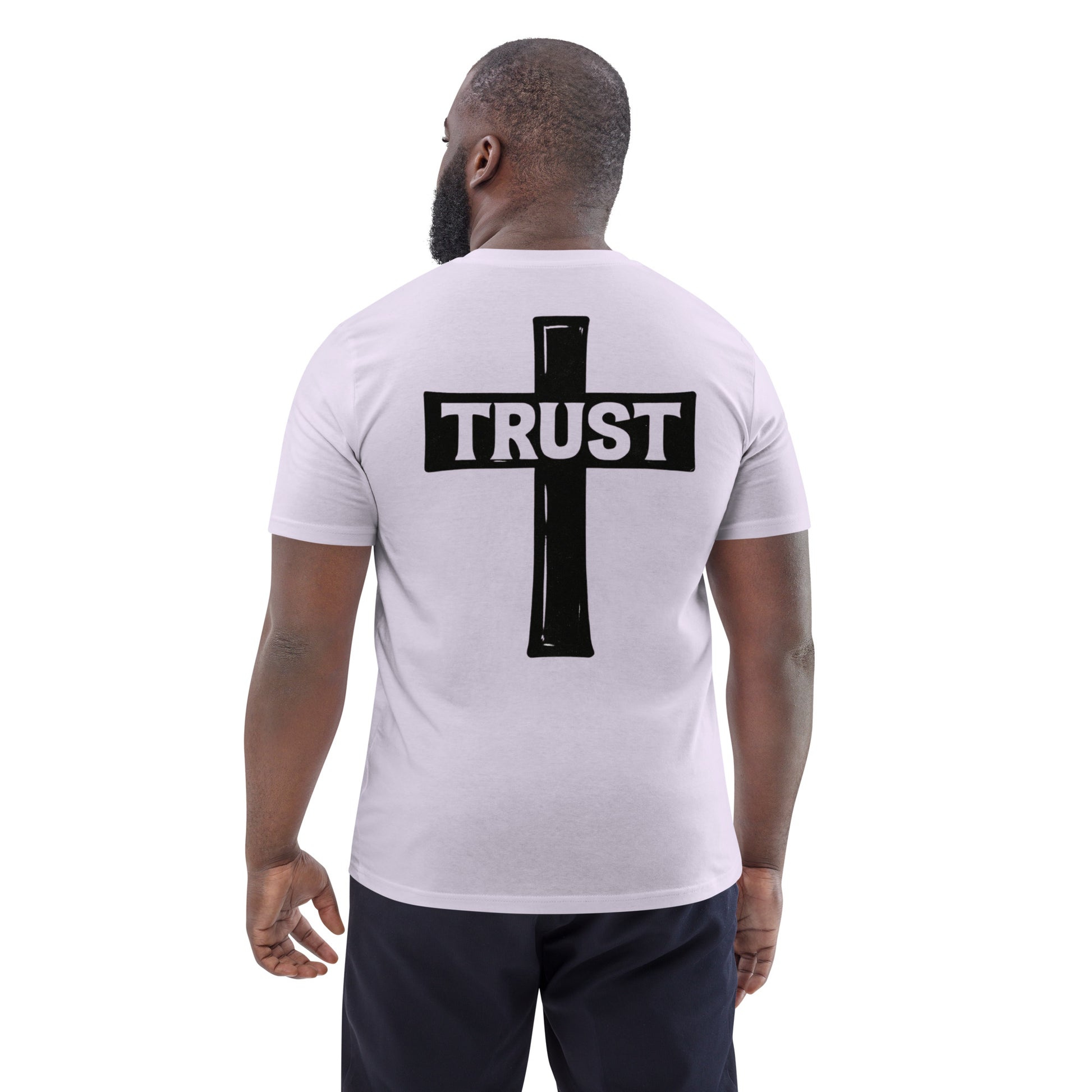 Unisex Evertrue T-shirt met TRUST typografie in de vorm van een kruis op de rug, gedrukt op biologisch katoen.