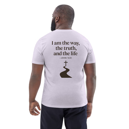 Evertrue T-shirt met bijbeltekst Johannes 14:6: “Ik ben de weg, de waarheid en het leven”, gedrukt op biologisch katoen.