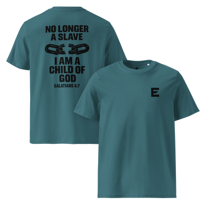 Evertrue T-shirt van biologisch katoen met Bijbeltekst Galaten 4:7 – witte unisex top met boodschap van vrijheid en identiteit in Christus.