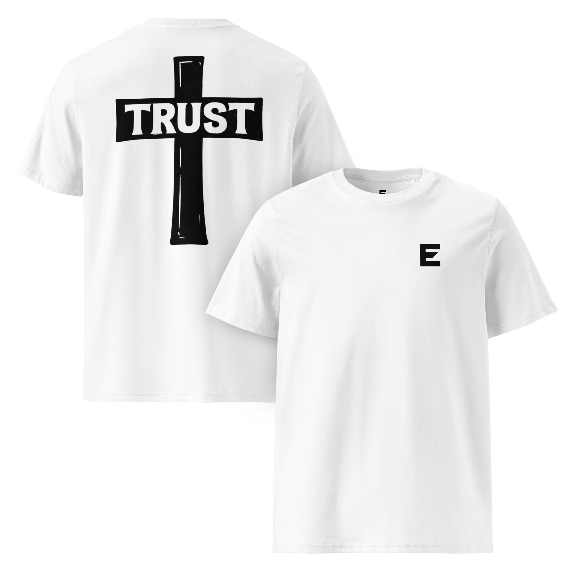 Unisex Evertrue T-shirt met TRUST typografie in de vorm van een kruis op de rug, gedrukt op biologisch katoen.