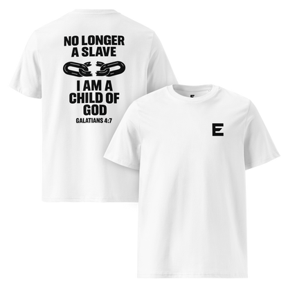 Evertrue T-shirt van biologisch katoen met Bijbeltekst Galaten 4:7 – witte unisex top met boodschap van vrijheid en identiteit in Christus.