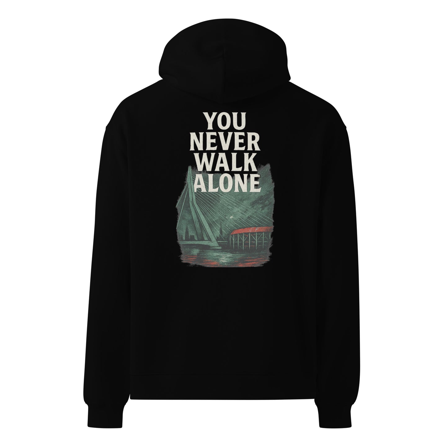 TRØBL oversized hoodie met You Never Walk Alone print, Erasmusbrug en De Kuip in vintage streetstyle